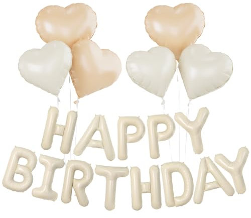 Happy Birthday Ballons,Beige Happy Birthday Banner,16 Zoll Cremeweiß Happy Birthday Buchstaben Folienballon, Happy Birthday ballon mit Herz Folienballon，Banner ballon Deko für Geburtstag Party