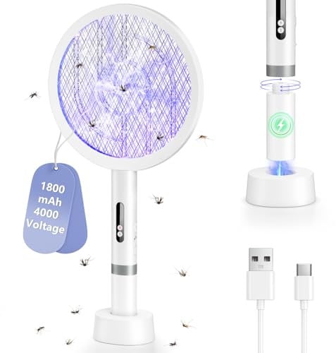 BKXCHA 2 in1 Raqueta Matamoscas Electrica, 4000V Raqueta Mosquitos Electrica Fuerte, 1800mAh USB-C Recargable Matamoscas Electrico Portátil y Lámpara UV con Malla Segura de 3 Capas, Dos Modos, Blanco