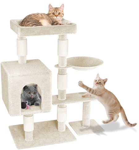 NAIZY Kratzbaum Groß Katzenkratzbaum 49 x 41 x 93 cm XXL Katzenbaum mit Sisal-Säulen & Katzenhöhle, Anti-Rutsch Beige Aktivitätskratzbäume für Mehr Katzen, K1276