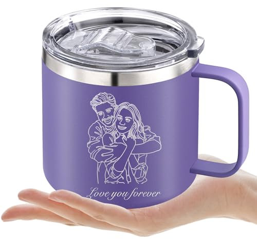 ShAxzHen Personalised Insulated Coffee Mug Custom Stainless Steel Tumbler with Name Photo Engraved Travel Mugs with Handle Lid Customised Gifts for Women Men 14oz 12oz