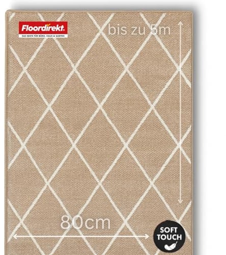 Floordirekt teppichläufer rutschfest - maßgefertigter Feinschlingen Teppich Läufer für Küche, Flur & Wohnraum - Ornament Vintage Orient Gitter (80 x 250 cm, Cosenza Beige)