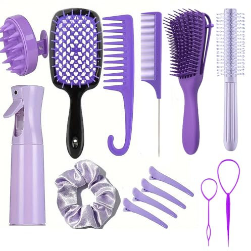 FREECOZYER Hair Brush Set, 15 Pcs Comb Tools with Spray Bottle, Edges Comb, Curly Hair Brush, Round Brush, Scalp Brush And Hair Clips,Hair Care Styling Tools (Purple)
