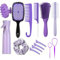 FREECOZYER Haarbürsten-Set, 15-teilig, Kammwerkzeuge mit Sprühflasche, Kantenkamm, lockige Haarbürste, Rundbürste, Kopfhautbürste und Haarspangen, Haarpflege-Styling-Werkzeuge (lila)
