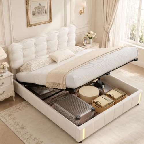 OLIVIBED Polsterbett 140x190 cm, Hydraulisch Stauraumbett mit Lattenrost und Bettkasten, Doppelbett mit Gepolstertem Kopfteil, Jugendbett für Erwachsene, Ohne Matratze, Samt, Beige