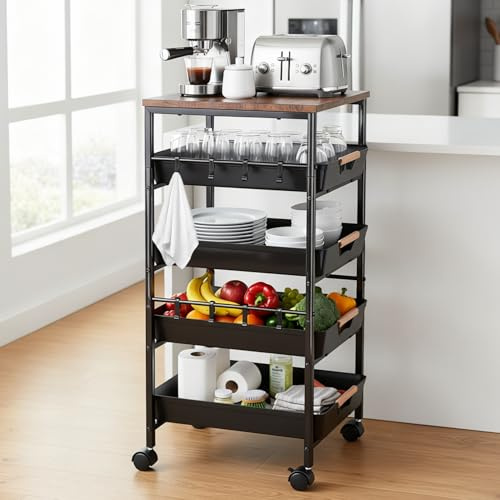 RITHRY 5-Stöckiger Rollwagen mit Schubladen, Küchenwagen mit Rollen, Aufbewahrungswagen aus Metall mit Holzplatte, Belüfteten Körben und Rollen, Snack-Organizer für Obst, Gemüse und Mikrowelle