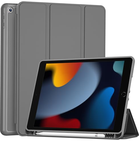 ProCase Coque avec Porte-Stylet pour iPad 10.2 iPad 9/8/7ème Génération 2021/2020/2019, Nouvel Étui Amélioré, Housse de Protection Anti-Chute -Gris