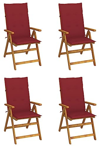 Bucmath Gartenstuhl Hochlehner Verstellbar 4er Set, Akazienholz Massiv, Weinrote Auflagen, Klappbar, 5-Fach Verstellbar, 57x69x111cm