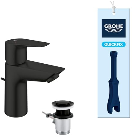GROHE StartEdge, Waschtischarmatur, wassersparend (Wasserhahn für das Bad, 15cm hoch, Badarmatur mit Zugstangen-Ablauf, 3in1 Werkzeug, einfache Installation am Waschbecken), mattschwarz, 233422431