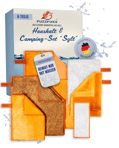 PUZZFUXX Haushalt & Camping Set 6-teilig, selbstreinigend, Sylt | Campingset, Wohnmobil, Komplettset, Reiseset, Reinigungstuch, Waschhandschuh, Poliertuch, ohne Chemie, nachhaltig, Outdoor
