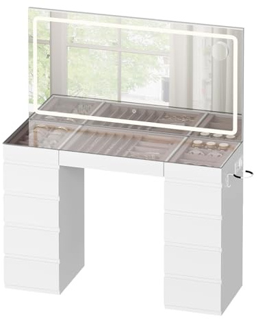 WOLTU Schminktisch mit Beleuchtung, Glasplatte und großer Spiegel | 11 Schubladen, mit Schmuckfächern, 112x40 cm, Kosmetiktisch Steckdose und Haartrocknerhalter, modern, für Schlafzimmer, Weiß