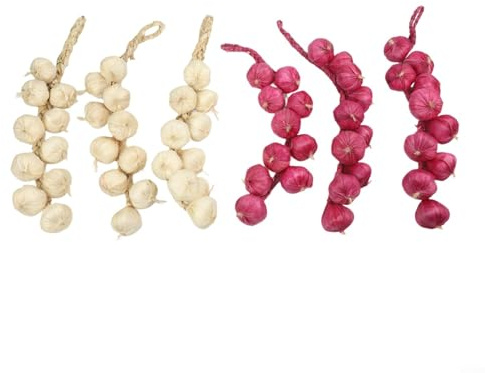 Feeshoppher 6 corde di aglio artificiale, decorazione realistica con chiodi di garofano bianchi e viola, ghirlanda da appendere da 41 cm, per la decorazione della casa della cucina, oggetti di scena