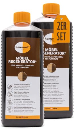 Renuwell Möbel-Regenerator, 2x 1 Liter Spar-Set – Intensive Pflege und Regeneration für Holzmöbel und Oberflächen, entfernt Wasserflecken, Kratzer & Hitze-Ringe, Schweizer Qualitätsprodukt