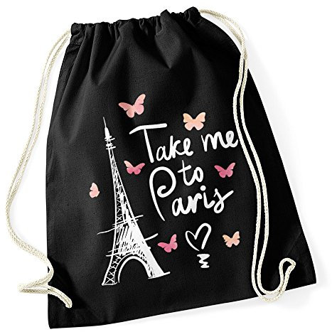 Autiga Turnbeutel Take me to Paris Eiffelturm Hipster Beutel Tasche Jutebeutel Gymsac schwarz Unisize