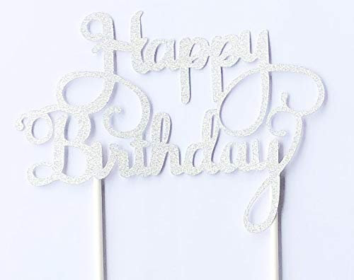 AILEXI Handmade 1 Count Glitter Cake Decorating Toppers - Happy Birthday Silver