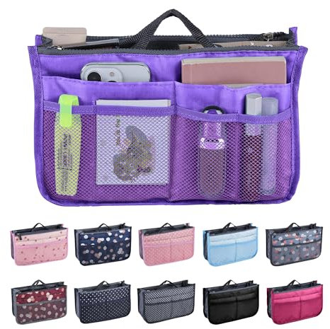 JJ PRIME - Multi-Compartment Handbag Insert | Expandable Liner Bag Pouch Zipper Closure | Tote Bag Organiser Insert with 13 Pockets and Handle for Easy Lifting (Travel, Cosmetics, Toiletries), Purple