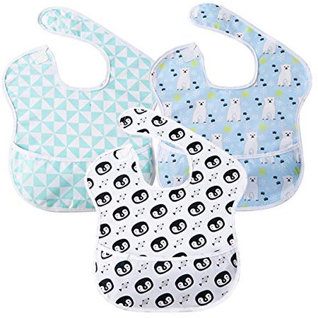 Little Dimsum Lätzchen Baby Kleinkind Lätzchen Wasserdicht Kurzarm Lätzchen Fütterung Lätzchen Schürze mit eingebauten Tasche für Babys/Kleinkinder (Pinguin & Bär & Dreieck)