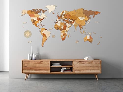 Hölzerne Weltkarte Wanddekoration - mehrschichtig, gebeiztes Holz, eingravierte Namen - einzigartiger 3D-Effekt - für Wohnzimmer, Büro und Schlafzimmer XL (200x100 cm) Traveler