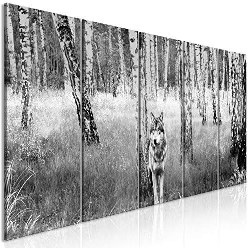 decomonkey Bilder Wölf Wald 150x60 cm 5 Teilig Leinwandbilder Bild auf Leinwand Vlies Wandbild Kunstdruck Wanddeko Wand Wohnzimmer Wanddekoration Deko Tiere schwarz weiß