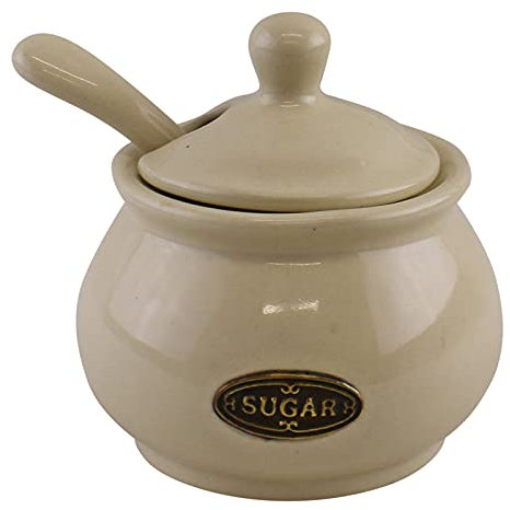 Country Cottage Cream Ceramic Sugar Bowl With Lid & Spoon