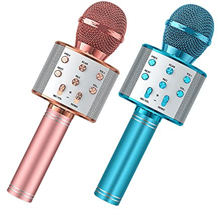 Wireless Microphone, 2 Pack Karaoke Bluetooth Microphone for Kids Adults, Portable Toy Karaoke Mic Speaker Machine, Home KTV Player Support Android & iOS Devices for Party Singing(Rose Gold & Blue)