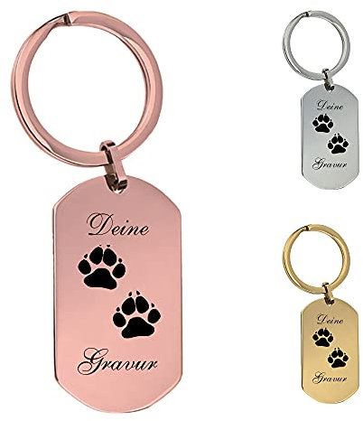 Schlüsselanhänger Hundepfote mit Gravurplatte/und eigener Gravur/Text/Namen/Edelstahl/Gravur auf Vorderseite & Rückseite möglich/Farben: Silber Gold Rosé (Rosé)