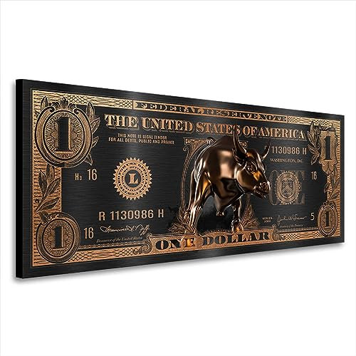 Kunstgestalten24 One Dollar Bronze Stier Motivation Leinwandbild Kunst | Kunstdruck | Wanddeko | Street Art | Gemälde | Comic Bilder | Wandbild Leinwand Modern 125x50x2cm
