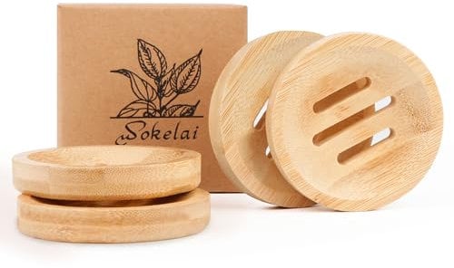 Lot de 4 porte-savon en bambou pour barre de savon sous la douche, supports ronds en bois auto-drainants pour shampooing, après-shampooing, étui économiseur de savon de voyage pour salle de bain