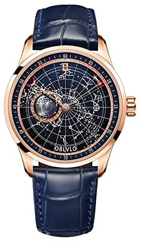 OBLVLO Top Brand Design Herren Automatische Mechanische Uhr Leuchtende Erdsternuhr Wasserdichtes Lederarmband GC