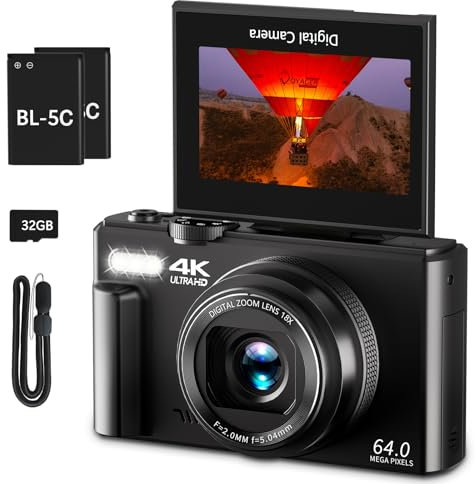 Cámara digital 4K para fotografía, cámara de vlogging de 64 MP para YouTube con pantalla abatible de 3 pulgadas y 180°, cámara digital de zoom de 18X y cámara de disparo con tarjeta micro SD de 32 GB