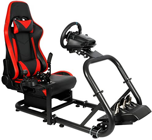 Anman Sim Racing Cockpit With Red Racing Seat Large Round Tube fits for Logitech Thrustmaster, Racing, Fanatec Adjustable Gaming Steering Wheel Frame Simulator Cockpit Wheel Pedal Shifter Not Include