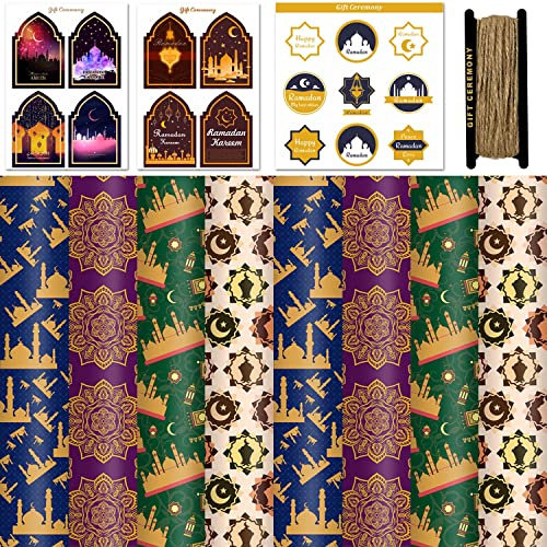 FullJoyHut 8 Blatt Eid Mubarak Ramadan Geschenkpapier mit Mond-Stern-Muster, inklusive Geschenkanhänger Ramadan Eid Al-Fitr Thema Aufkleber für Islamische Muslimische Geschenkverpackung Dekorationen