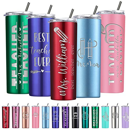 Vaso personalizado para profesor, vasos delgados grabados personalizados con nombre, popote y tapa, vaso de café aislado, regalo de graduación para mujeres y hombres, de acero inoxidable, 20 onzas