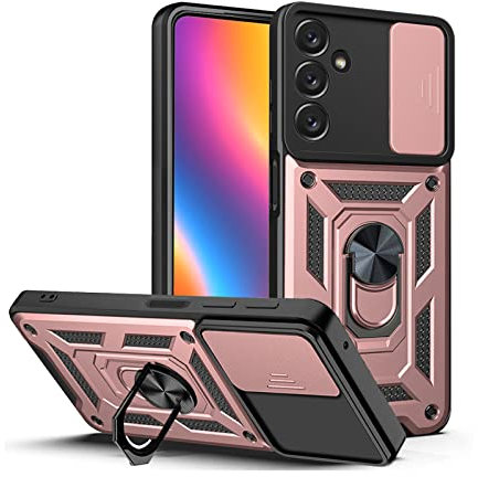LBH Armor Hülle für Samsung Galaxy A14 / A14 5G Case mit Kameraschutz Outdoor Stoßfest Handyhülle 360 Grad Metal Ring Halter Ständer Schutzhülle für Handyhalterung Auto Magnet Rosegold