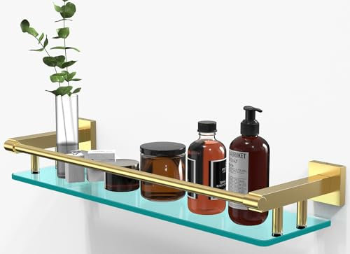 Glass Shelf for Bathroom, 20 Inch Tempered Glass with Brushed Gold Stainless Steel Railing, Floating Glass Shelves Sink Over Toilet Modern Bathroom
