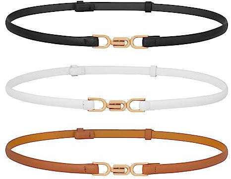 WERFORU 3 Stück Leder Skinny Frauen Gürtel Mode Damen dünne Leder Taillengürtel für Kleider mit Goldschnalle Schwarz/Braun/Weiß