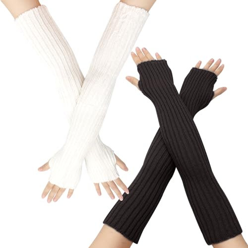ZOCONE 2 Pairs Long Sleeve Arm Warmers, 50cm Fingerless Gloves, Winter Knitted Arm Sleeves for Women Girls, Wrist Warmers Arm Warmers Baggy (White and Deep Grey)