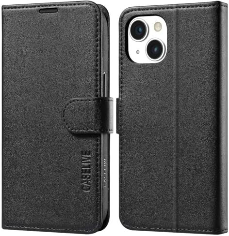 CASELIVE Wallet Case for iPhone 15 with Card Holder, Genuine Leather Case with [Screen Protector] [RFID Blocking][Shockproof TPU Inner Shell] Kickstand Foli Cover for iPhone 15 6.1''(Black)