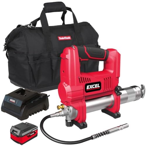Excel 18V Cordless Grease Gun with 1 x 4.0Ah Battery Charger & Bag - Powerful and Efficient Lubrication Solution, Variable Speed Trigger, 18V Grease Gun, Hand held Grease gun
