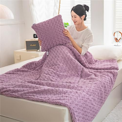Hixingo Reisedecke und Kissen 2 in 1, Reisedecke mit Kissen Set Multifunktionale Reise Decke und Kissen 2 in 1 Weichem Flugzeug Verwandlungskissen für Urlaub, Camping (40 * 40cm,Rosen - Lila)