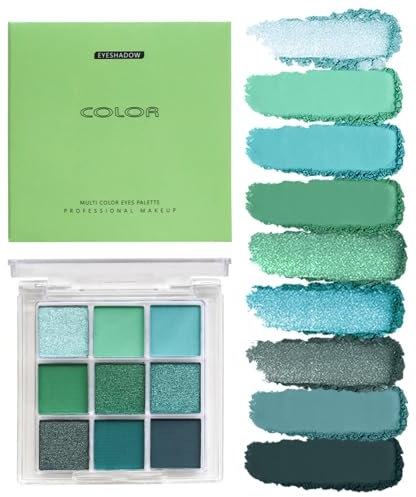 Palette di ombretti in 9 colori, opaco e nero perla, ombretto smoky trucco, glitter argento, ombretto grigio con specchio, impermeabile, ombretto pigmentato (Verde)