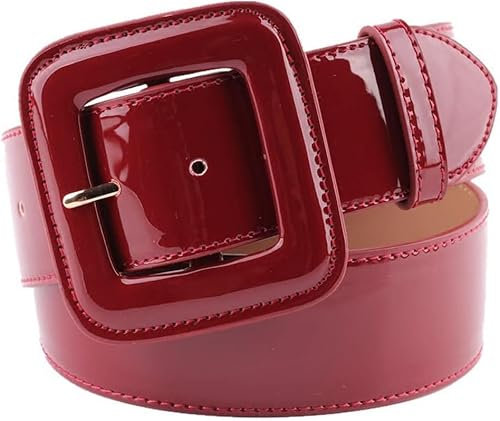Theaque Ampia cintura in pelle verniciata da donna con fibbia quadrata larga e occhielli a vita alta per abito, Rosso, Taglia unica