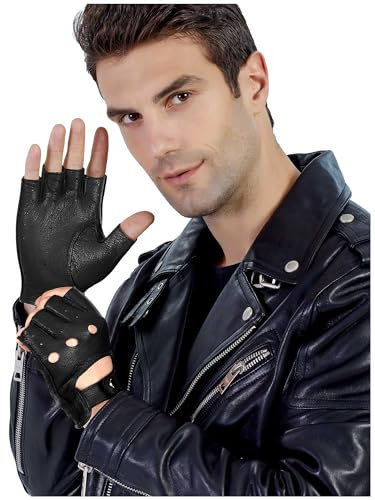 GSG Herren-Leder-Fingerlose Handschuhe, Halbfinger-Handschuhe, Schwarz, M