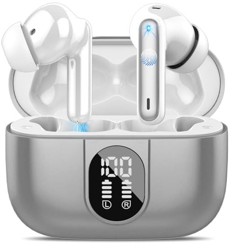 Csasan Bluetooth Kopfhörer, Kabellos Bluetooth 5.3 Deep Bass mit 4 ENC Mic, 40Std Spielzeit Touch Control In Ear mit LED-Anzeige, IP7 wasserdichte Ohrhörer für Arbeit Studium Bleigrau
