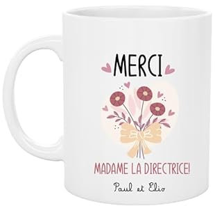 Mug Céramique Merci Madame la Directrice – Personnalisé avec Prénom(s) Enfant(s) – Fleurs Roses – Cadeau Fin d’Année Scolaire – 330 ml