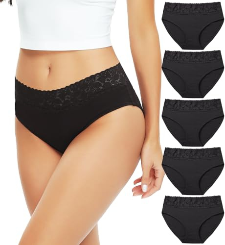 RHYFF Unterhosen Damen Baumwolle Unterwäsche Damen Hipster Spitze Höschen Bequem Bikini Hose Stretch Damen Slips 5er-Pack S-XL(RDE3020M-Black)