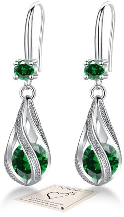 Sterling Silver Drop Earrings with Cubic Zirconia, Emerald Earrings - Hypoallergenic May Birthstone Jewellery Gift for Birthday, Christmas, Anniversary
