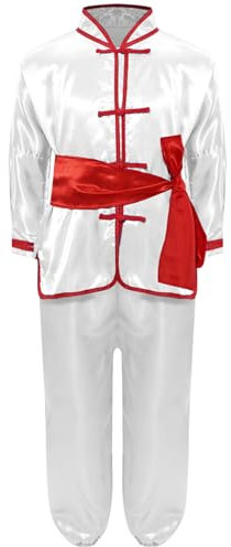 Oyolan Tenue Arts Martiaux Satin Enfant Fille Garçon Chinois Traditionnel Tai Chi Vêtement Kung Fu 3-16 Ans A Blanc 9-10 ans