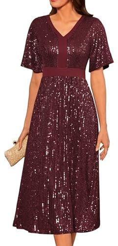 Women's Elegant Sequin Dress Short Sleeve Evening Dress V-Neck Swing Cocktail Dress A-Line Pleated Skirt Casual Dress L Wine Red
