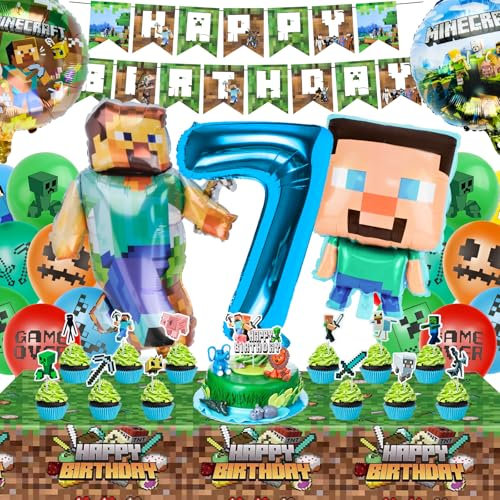 WuGU Decoration Anniversaire 7 Ans, 42 Pcs Kit de Décoration de Fête d'Anniversaire, Anniversaire Décoration de Fête, Bannières d'Anniversaire, Ballon en Aluminium, Ballons, Nappes, Decoration Gateau