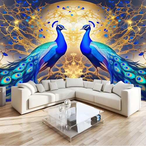 Papier Peint Paon Bleu Arbre De Vie Doré 200x140 cm 3D Panoramique Murale Salon Papier Peint intissé pour Chambre Salon Personnalisé Décoration Murale